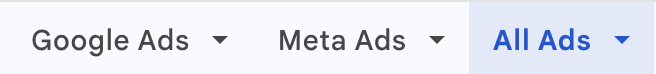 Estructura de pestañas del Google Sheet: Google Ads, Meta Ads y All Ads